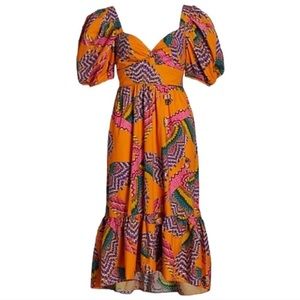 Farm Rio Beaded Macaws Puff Sleeve MIDI Dress - Size XL